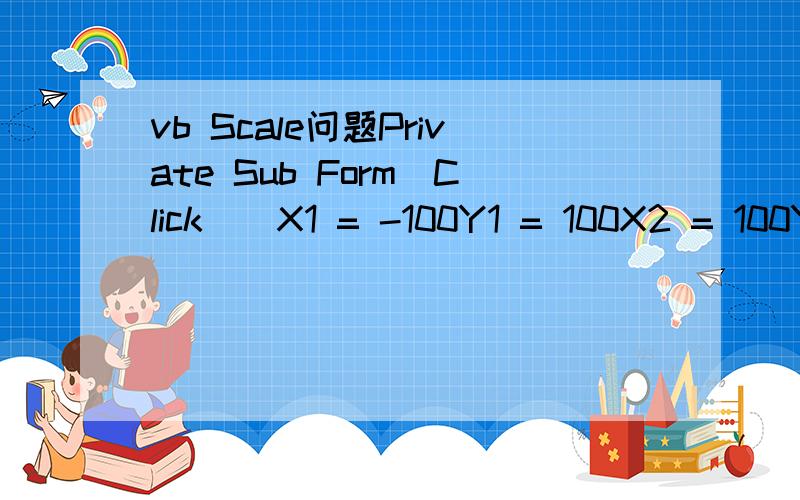 vb Scale问题Private Sub Form_Click()X1 = -100Y1 = 100X2 = 100Y2 = -100Form1.Scale (X1,Y1)-(X2,Y2)Line (0,100)-(0,-100)Line (100,0)-(-100,0)End Sub个人认为画出的两条线的位置应该在框外（红色线标示）,而正确的答案是在