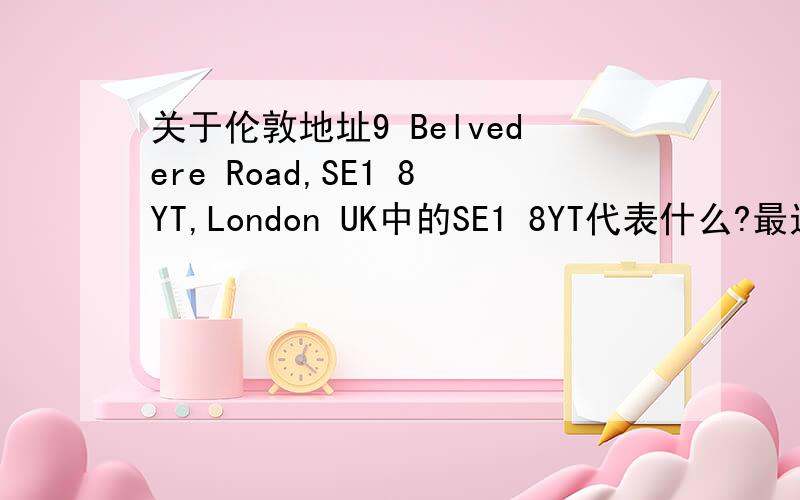 关于伦敦地址9 Belvedere Road,SE1 8YT,London UK中的SE1 8YT代表什么?最近在做一单伦敦业务,涉及到一个地址,12 Belvedere Road,SE1 8YT,London UK中的SE1 8YT代表什么?有朋友说是邮政编码，到底是不是啊，急死