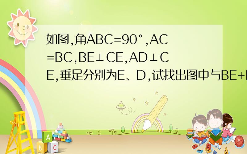 如图,角ABC=90°,AC=BC,BE⊥CE,AD⊥CE,垂足分别为E、D,试找出图中与BE+DE相等的线段,并给出证明.