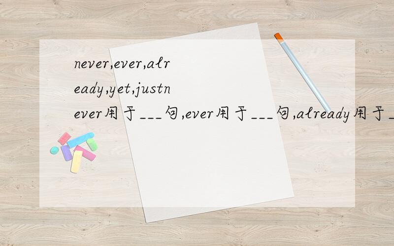never,ever,already,yet,justnever用于___句,ever用于___句,already用于___/___句,yet用于___/___句,just用于___/___句.