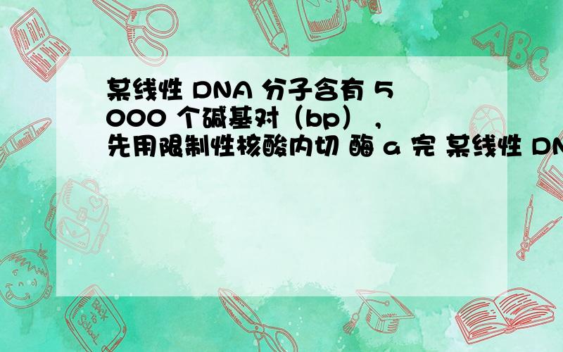 某线性 DNA 分子含有 5000 个碱基对（bp） ,先用限制性核酸内切 酶 a 完 某线性 DNA 分子含有 5000 个碱基对（bp） ,先用限制性核酸内切 酶 a 完全切割,再把得到的产物用限制性核酸内切酶 b 完全