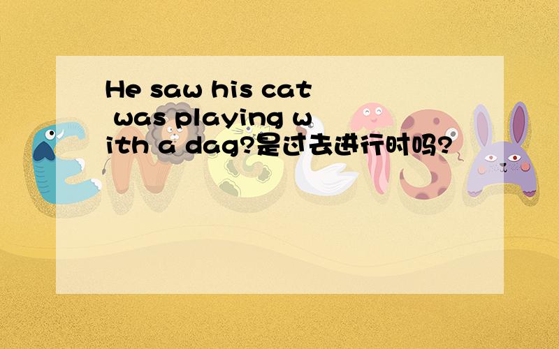 He saw his cat was playing with a dag?是过去进行时吗?