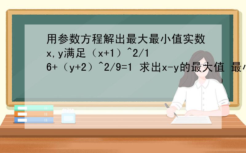 用参数方程解出最大最小值实数x,y满足（x+1）^2/16+（y+2）^2/9=1 求出x-y的最大值 最小值 并指出何时取最大值 最小值