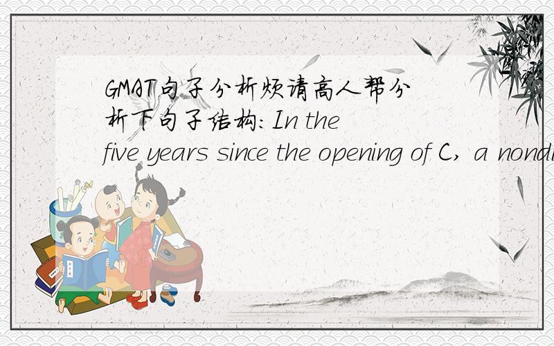 GMAT句子分析烦请高人帮分析下句子结构：In the five years since the opening of C, a nondiscount department store, a new store has opened at the location of every store in the shopping district that closed because it could not compete w
