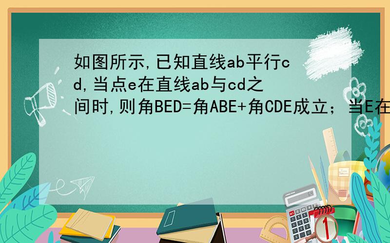 如图所示,已知直线ab平行cd,当点e在直线ab与cd之间时,则角BED=角ABE+角CDE成立；当E在AB与CD之外时,则什么成立?