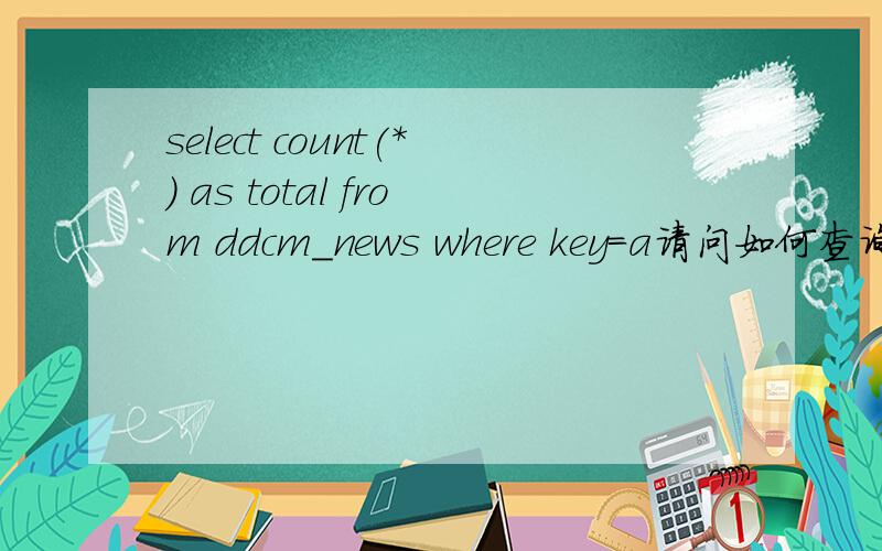 select count(*) as total from ddcm_news where key=a请问如何查询kdy的值,前一位是A的结果
