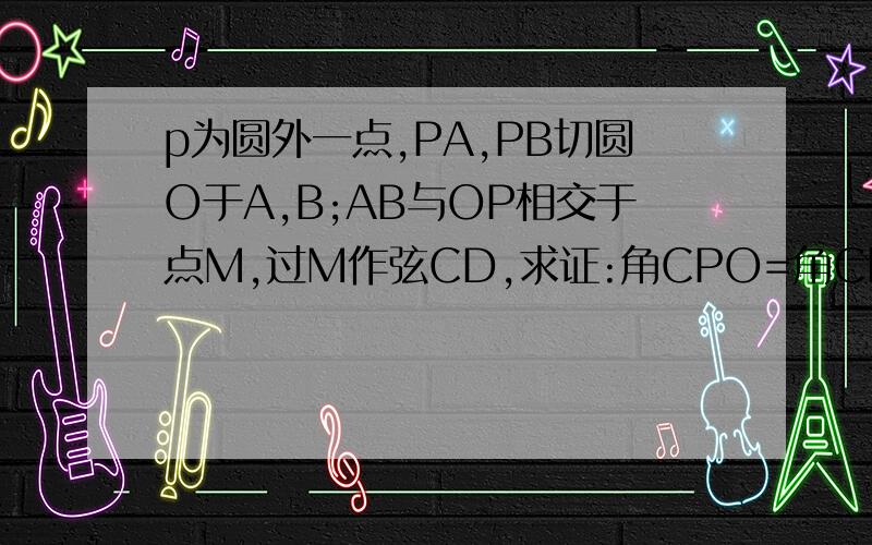 p为圆外一点,PA,PB切圆O于A,B;AB与OP相交于点M,过M作弦CD,求证:角CPO=角CDO