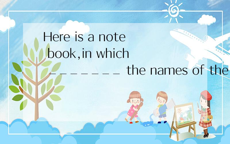 Here is a note book,in which _______ the names of the visitors.A.write B.written C.were written D.was written