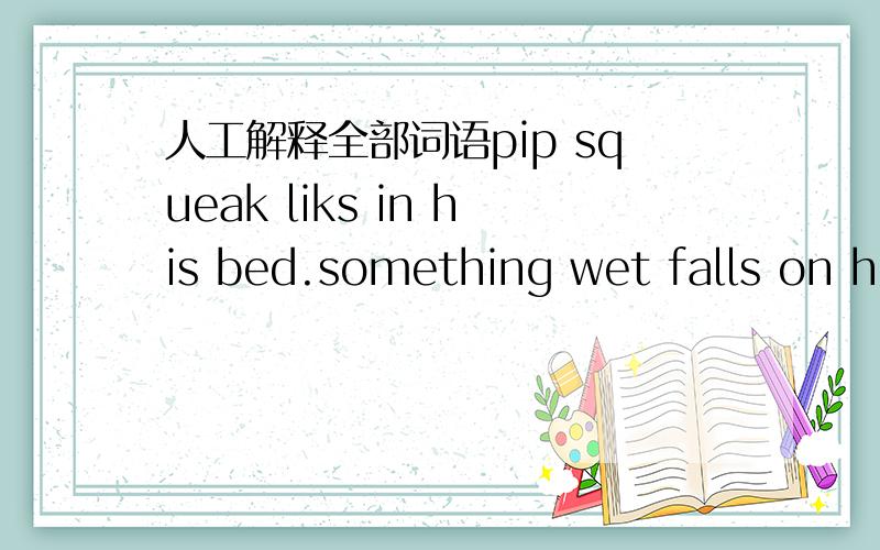 人工解释全部词语pip squeak liks in his bed.something wet falls on his head,