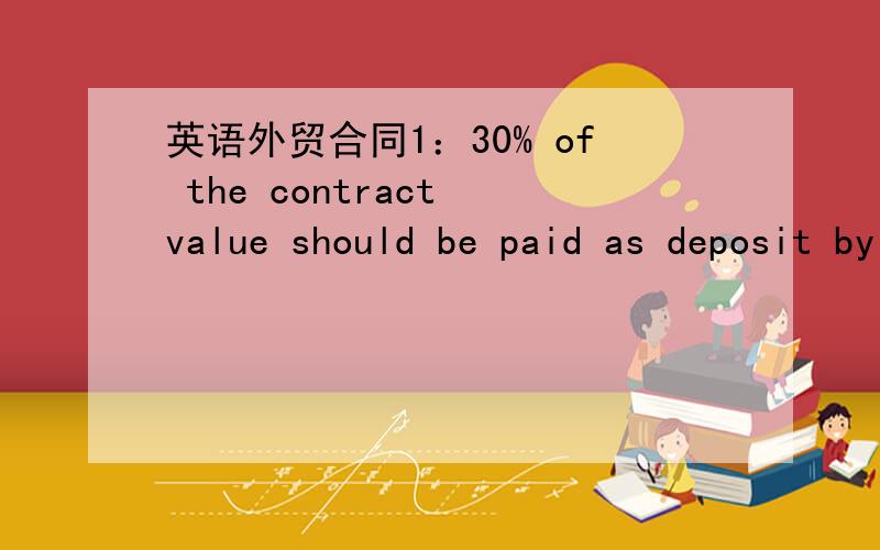 英语外贸合同1：30% of the contract value should be paid as deposit by T/T ,the 70% balance should be paid before delivery by T/T.2：Quality Warranty:the warranty of the contract goods should be according to the Manufacturer3：The Agreement s