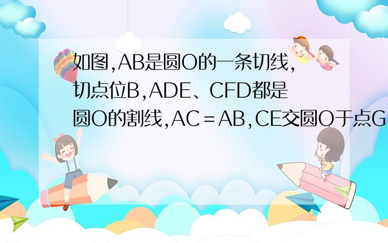 如图,AB是圆O的一条切线,切点位B,ADE、CFD都是圆O的割线,AC＝AB,CE交圆O于点G.证明:AC^2=AD×AE