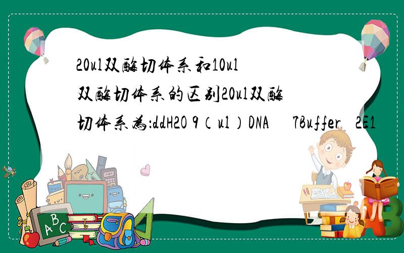 20ul双酶切体系和10ul双酶切体系的区别20ul双酶切体系为：ddH2O 9（ul）DNA     7Buffer   2E1        1E2        1总体积 20ul那么在做10ul体系的时候DNA的量是多少?