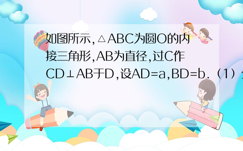 如图所示,△ABC为圆O的内接三角形,AB为直径,过C作CD⊥AB于D,设AD=a,BD=b.（1）分别用a,b表示线段OC,CD；（2）探求OC与CD表达式之间存在的关系（用含a,b的式子表示）.（3）a+b/2与根号ab的大小关系是