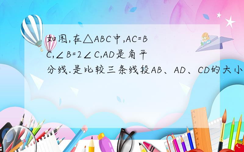 如图,在△ABC中,AC=BC,∠B=2∠C,AD是角平分线.是比较三条线段AB、AD、CD的大小,并说出你的理由.