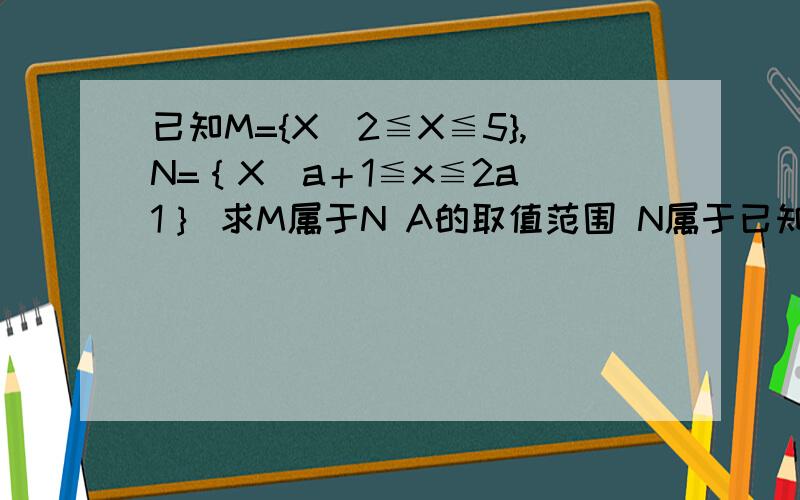 已知M={X|2≦X≦5},N=｛X|a＋1≦x≦2a_1｝ 求M属于N A的取值范围 N属于已知M={X|2≦X≦5},N=｛X|a＋1≦x≦2a_1｝求M属于N A的取值范围N属于M A范围