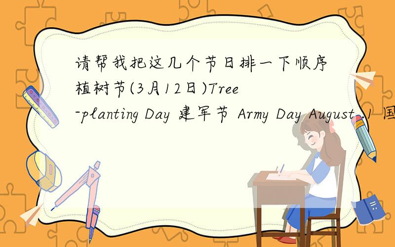 请帮我把这几个节日排一下顺序植树节(3月12日)Tree-planting Day 建军节 Army Day August .1 国庆节 National Day October.1 中秋节(农历八月十五)Mid-autumn Day元宵节Lantern’s Day农历正月十五端午节 Dragon Boat F