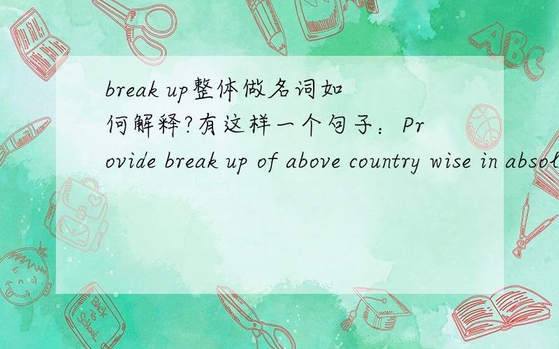 break up整体做名词如何解释?有这样一个句子：Provide break up of above country wise in absolute terms as well as a percentage of the total imports of the said product.我理解,这里把“break up”当作一个名词来使用,但是