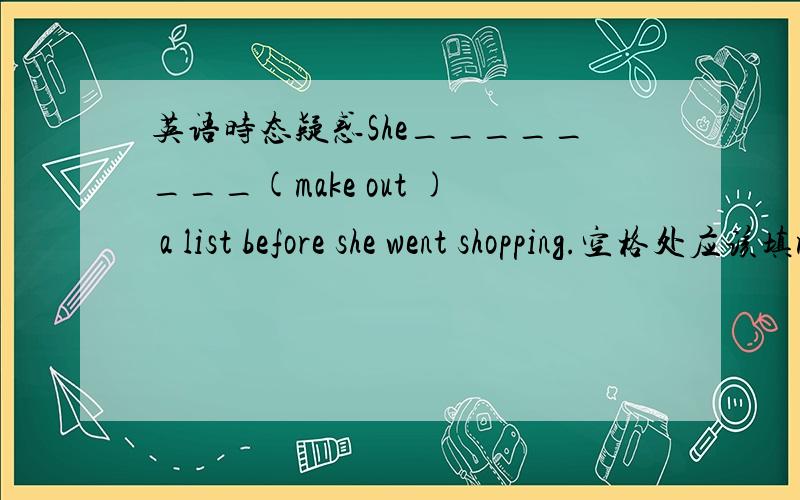 英语时态疑惑She________(make out ) a list before she went shopping.空格处应该填make out 的什么时态?为什么?before的句子不是一般用完成时态?这个动作应该发生在went之前啊？