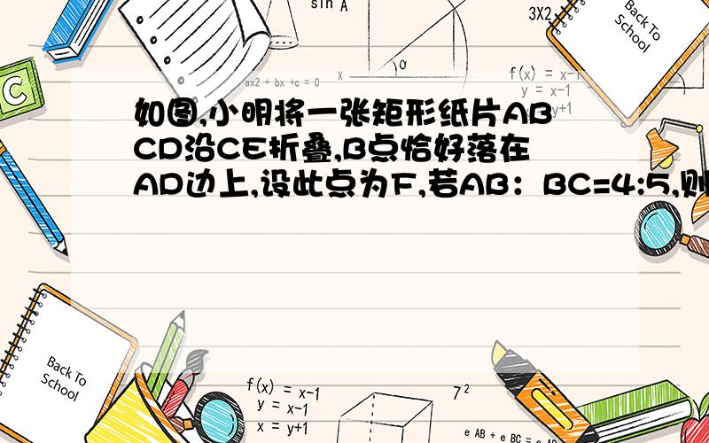 如图,小明将一张矩形纸片ABCD沿CE折叠,B点恰好落在AD边上,设此点为F,若AB：BC=4:5,则tan角BCE的值是____