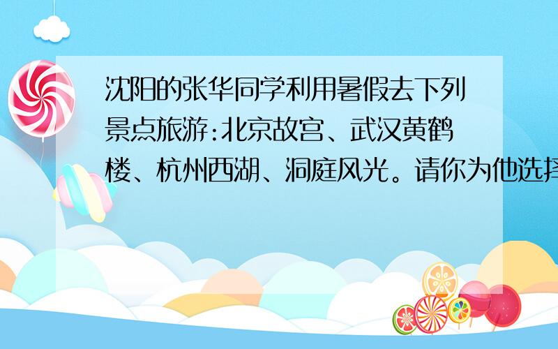 沈阳的张华同学利用暑假去下列景点旅游:北京故宫、武汉黄鹤楼、杭州西湖、洞庭风光。请你为他选择一条最佳路线。