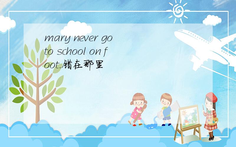 mary never go to school on foot.错在那里