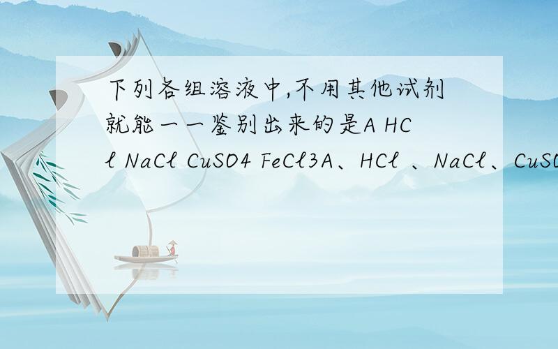 下列各组溶液中,不用其他试剂就能一一鉴别出来的是A HCl NaCl CuSO4 FeCl3A、HCl 、NaCl、CuSO4、FeCl3B、NaCl、NaOH、H2SO4、 Ba（NO3）2C、NaCl、NaOH、Ca（OH）2、Na2CO3D、Na2CO3、Ba（NO）3、NaOH、H2SO4