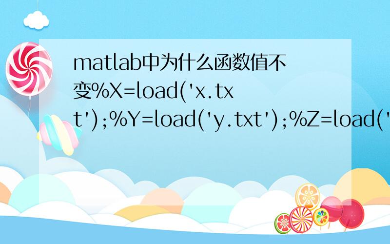 matlab中为什么函数值不变%X=load('x.txt');%Y=load('y.txt');%Z=load('fs.txt');X=0:0.1:10;Y=0:0.1:10;Z=0:0.1:10;a=1;b=1;r=400;fs=[];fs1=[];y1=0.00000001; %为了避免y1/y2=infy2=0.0000001;i=1;j=1;m1=min(X):0.1:max(X);n1=min(Y):0.1:max(Y);nxyz=