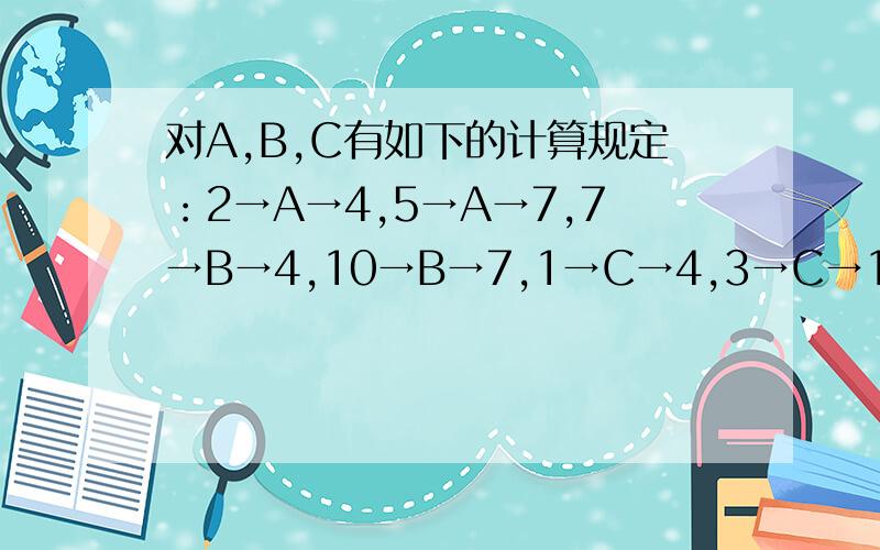 对A,B,C有如下的计算规定：2→A→4,5→A→7,7→B→4,10→B→7,1→C→4,3→C→12.请在横线上填上适当的数或相应的字母：（1）14→B→A→C→____;(2)5→C→B→____;(3)40→____→A→B→36;(4)____→C→B→45.