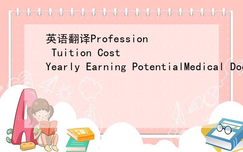 英语翻译Profession Tuition Cost Yearly Earning PotentialMedical Doctor $80,000 $150,000Business Degree $20,000 - $80,000 $40,000Wealthy Affiliate $29.99 / Month $360,000+