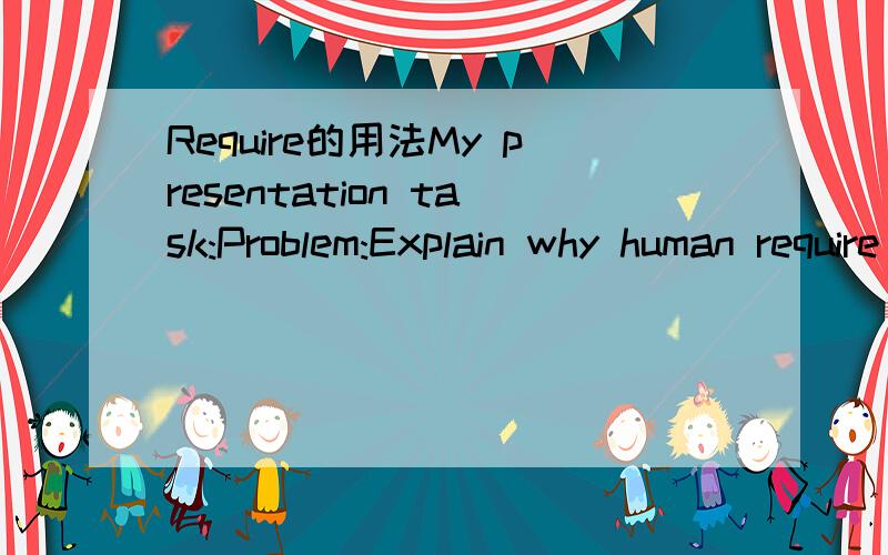 Require的用法My presentation task:Problem:Explain why human require metals然后我的 topic title应该怎麼写?require of metal?requirement of metal?metal require?metal requirement?还是应该怎麼写?require后面需要加of麽?需要适合