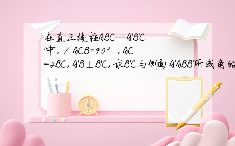 在直三棱柱ABC—A'B'C'中,∠ACB=90°,AC=2BC,A'B⊥B'C,求B'C与侧面A'ABB'所成角的