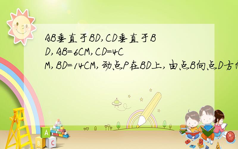 AB垂直于BD,CD垂直于BD,AB=6CM,CD=4CM,BD=14CM,动点P在BD上,由点B向点D方向运动.（3）∠A=∠C时,BP长