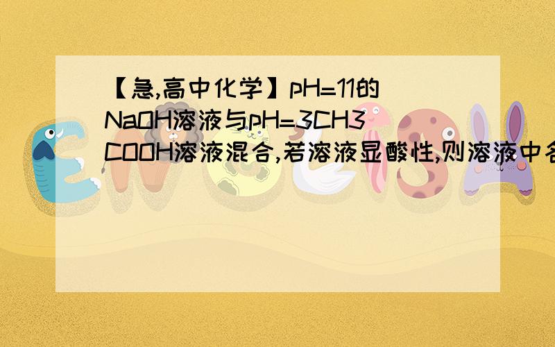 【急,高中化学】pH=11的NaOH溶液与pH=3CH3COOH溶液混合,若溶液显酸性,则溶液中各离子浓度可能为：c(CH3COO-) > c(H+) > c(Na+) > c(OH-)为什么?