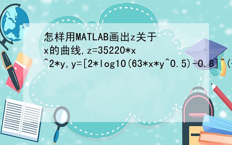 怎样用MATLAB画出z关于x的曲线,z=35220*x^2*y,y=[2*log10(63*x*y^0.5)-0.8]^(-2),