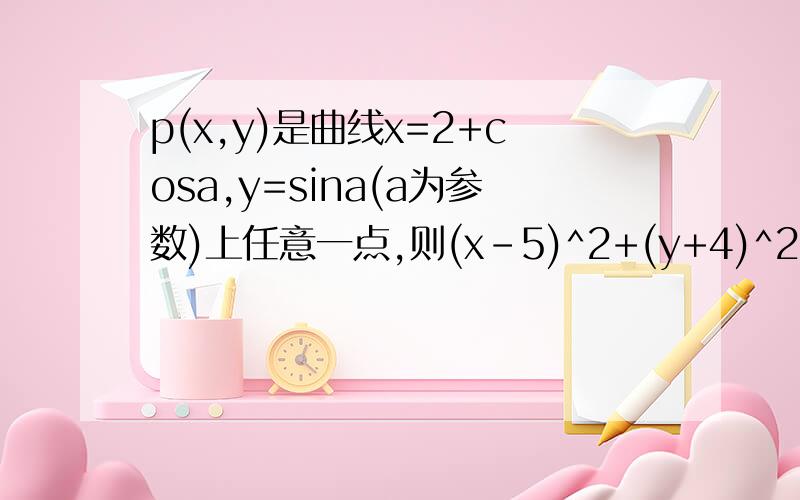 p(x,y)是曲线x=2+cosa,y=sina(a为参数)上任意一点,则(x-5)^2+(y+4)^2的最大值为