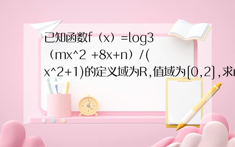 已知函数f（x）=log3 （mx^2 +8x+n）/(x^2+1)的定义域为R,值域为[0,2],求m与n的值百度知道上有一些解答,我看了一些,有一个地方看不明白：【解法一】f(x)=log3((mx^2+8x+n)/(x^2+1)) 值域为[0,2] 所以0