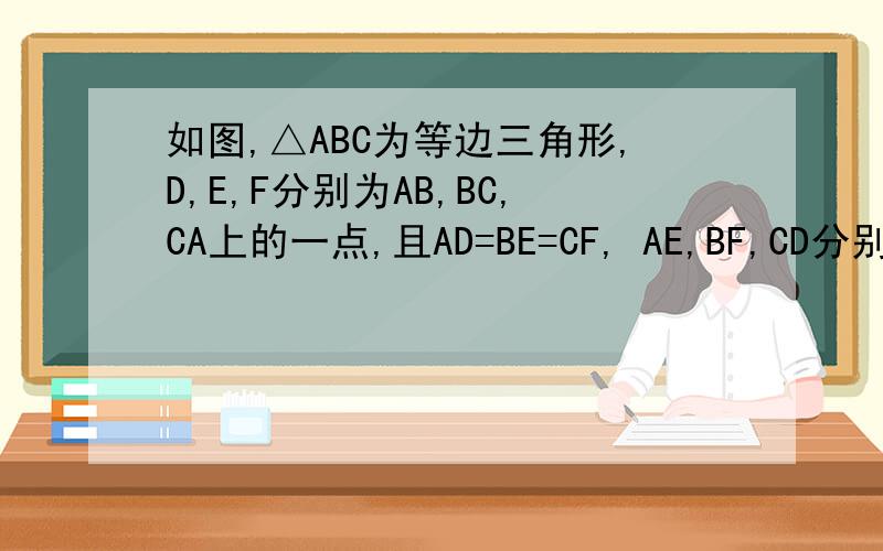 如图,△ABC为等边三角形,D,E,F分别为AB,BC,CA上的一点,且AD=BE=CF, AE,BF,CD分别相交于点G,N,M,试判断△MNG的形状并证明