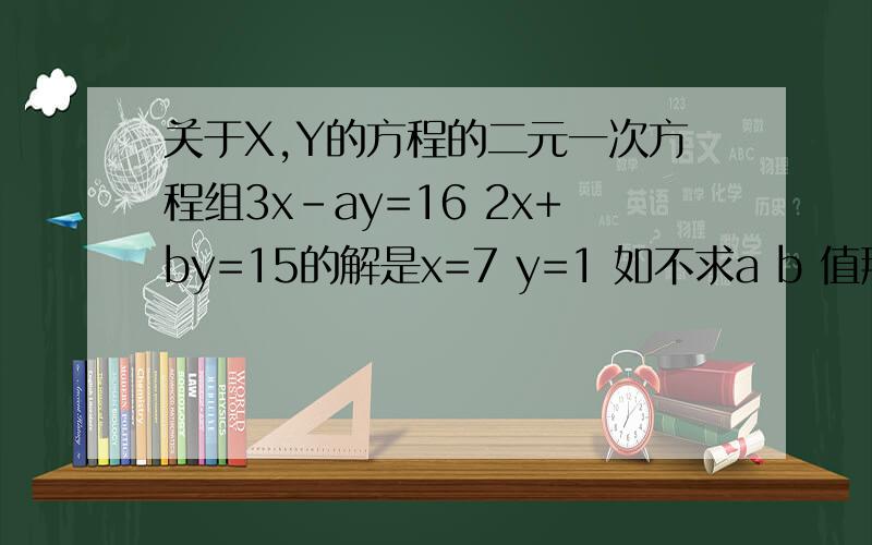 关于X,Y的方程的二元一次方程组3x-ay=16 2x+by=15的解是x=7 y=1 如不求a b 值那么关于x,y的方程组3(x+y)-a(x-y)=16 2(x+y)+b(x-y)=15的解能不能求出?