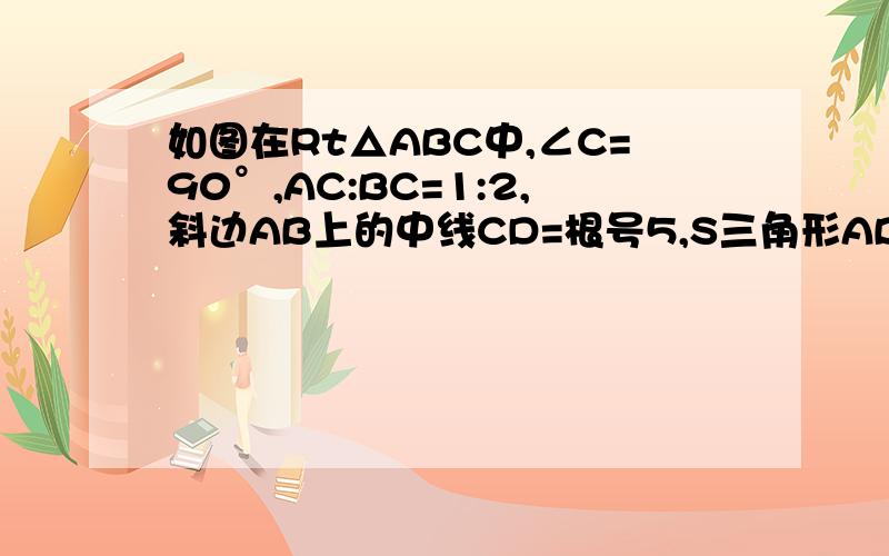 如图在Rt△ABC中,∠C=90°,AC:BC=1:2,斜边AB上的中线CD=根号5,S三角形ABC=图片：http://hi.baidu.com/%D1%A9%D3%A3%C8%AA/album/item/36267020b6a7fa6cd507425f.html