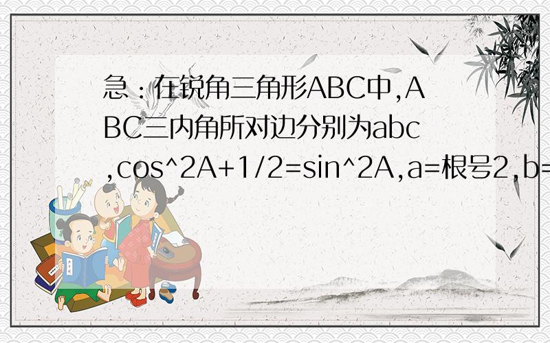 急：在锐角三角形ABC中,ABC三内角所对边分别为abc,cos^2A+1/2=sin^2A,a=根号2,b=3,求Sabc