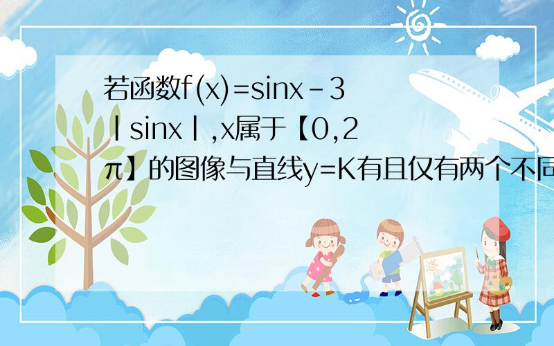 若函数f(x)=sinx-3|sinx|,x属于【0,2π】的图像与直线y=K有且仅有两个不同的交点,求k的取值范围