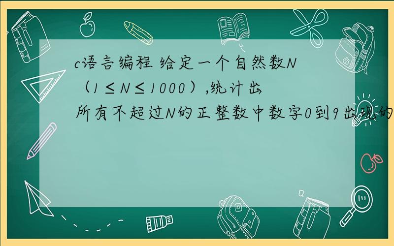 c语言编程 给定一个自然数N（1≤N≤1000）,统计出所有不超过N的正整数中数字0到9出现的次数,并且依次打印出来每个数字出现的次数（0～9）,相邻两个数字用一个空间隔开.输入输出样立1 样