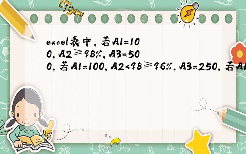 excel表中,若A1=100,A2≥98%,A3=500,若A1=100,A2＜98≥96%,A3=250,若A1=100,A2＜96≥95%,A3=100