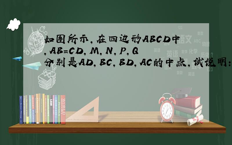 如图所示,在四边形ABCD中,AB=CD,M,N,P,Q分别是AD,BC,BD,AC的中点,试说明：MN与PQ互相垂直平分