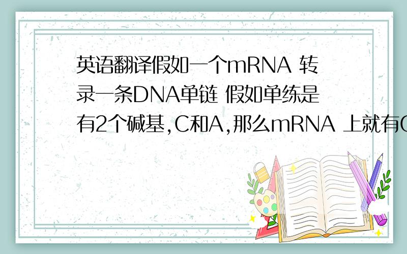 英语翻译假如一个mRNA 转录一条DNA单链 假如单练是有2个碱基,C和A,那么mRNA 上就有G和T了吗?接着是tRNA 是不是 转录好后 就叫tRNA来运送mRNA?