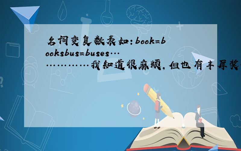 名词变复数表如：book=booksbus=buses……………我知道很麻烦,但也有丰厚奖金：100!