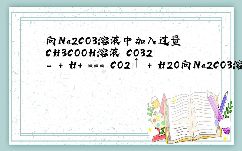 向Na2CO3溶液中加入过量CH3COOH溶液 CO32- + H+ === CO2↑ + H2O向Na2CO3溶液中加入过量CH3COOH溶液CO32- + H+ === CO2↑ + H2O