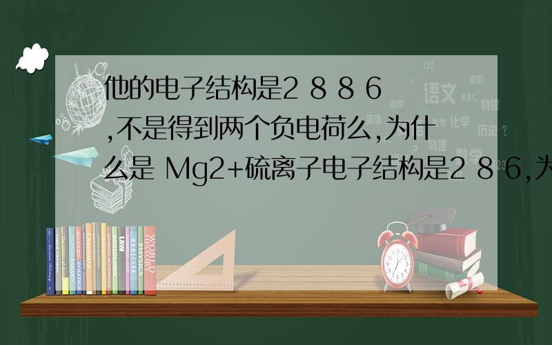 他的电子结构是2 8 8 6,不是得到两个负电荷么,为什么是 Mg2+硫离子电子结构是2 8 6,为什么 离子符号是S 2-