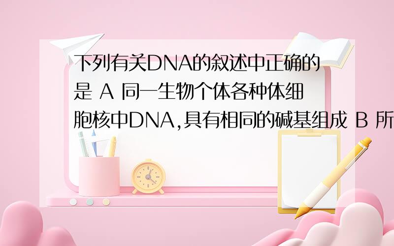 下列有关DNA的叙述中正确的是 A 同一生物个体各种体细胞核中DNA,具有相同的碱基组成 B 所有DNA分子的碱基