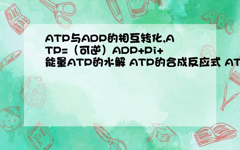 ATP与ADP的相互转化,ATP=（可逆）ADP+Pi+能量ATP的水解 ATP的合成反应式 ATP--（酶）--ADP+Pi+能量 ADP+Pi+能量--（酶）--ATP所需酶 ATP__①___酶 ATP___④___酶能量来源 储存在___②__中的能量 动物：__⑤_植